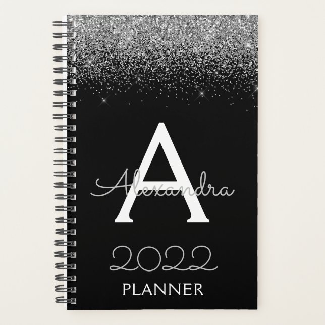 2022 Silver Black Glitter Monogram Modern Luxury Planner (Front)