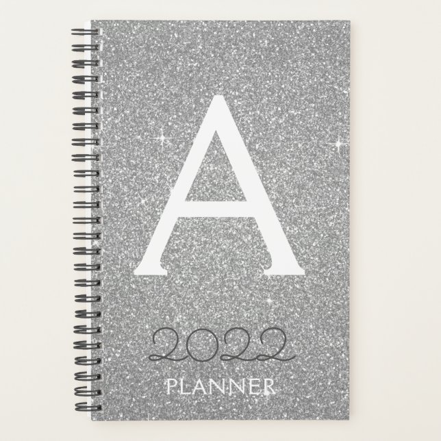 2022 Silver Glitter Sparkle Monogram Planner (Front)