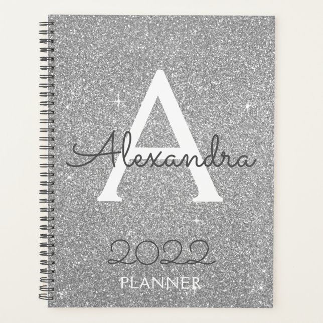 2022 Silver Glitter Sparkle Monogram Planner (Front)