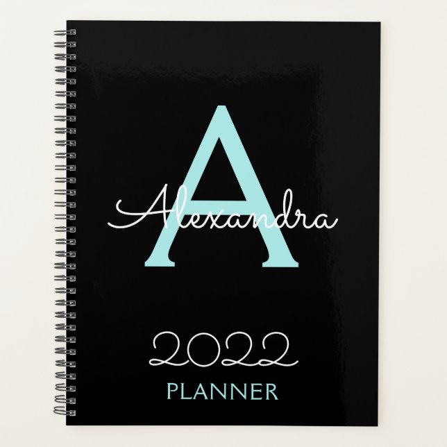 2022 Teal Aqua Blue Black Monogram Elegant Planner (Front)
