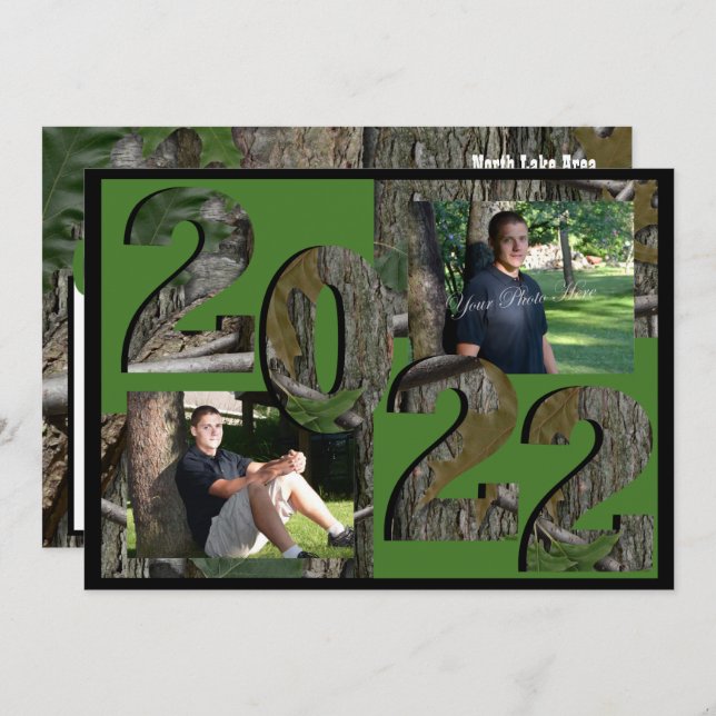 2022 Tree Camo Graduation Twin Photo Hunter Green  Invitation (Front/Back)