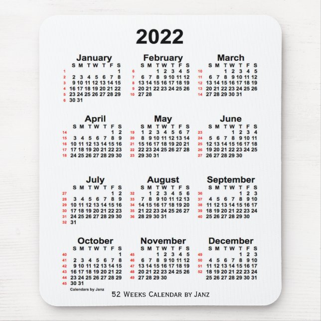 2022 White 52 Week Calendar by Janz Mouse Mat (Front)