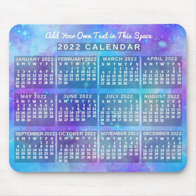 2022 Year Monthly Calendar Blue Watercolor Stars Mouse Mat (Front)