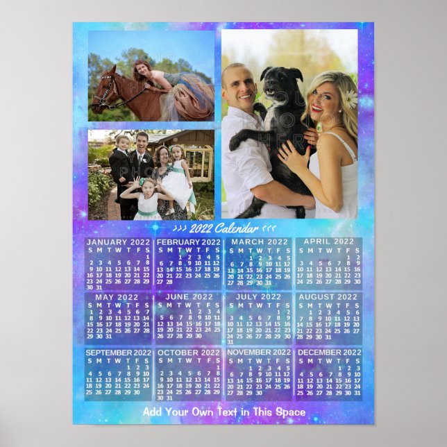 2022 Year Monthly Calendar Boho Watercolor 3 Photo Poster (Front)