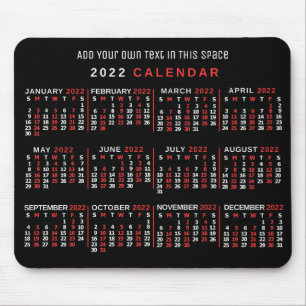 2022 Year Monthly Calendar Custom Black Red White Mouse Mat
