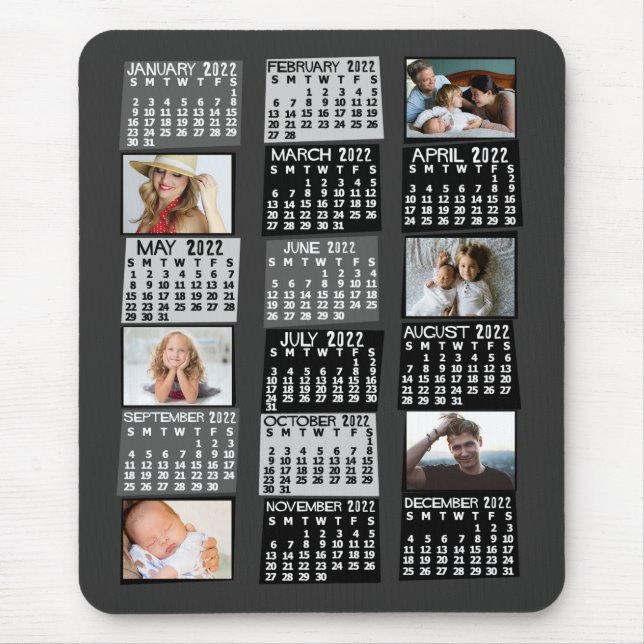 2022 Year Monthly Calendar Mod Black Photo Collage Mouse Mat (Front)