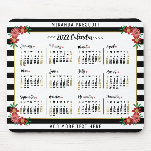 2022 Year Monthly Calendar | Preppy Floral Stripes Mouse Mat (Front)