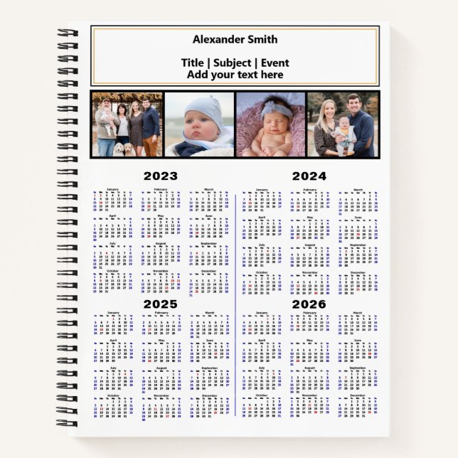 2023 2024 2025 2026 Calendar Custom Photo Modern Notebook (Front)