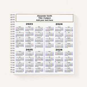 2023 2024 2025 2026 Calendar Modern Custom Text Notebook