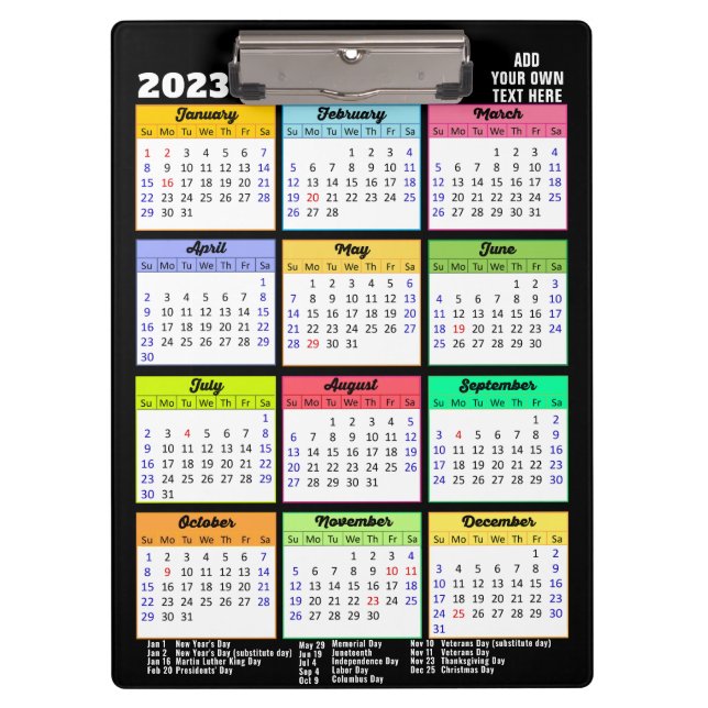 2023 - 2026 Calendar with Public Holidays Modern Clipboard (Front)