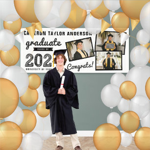 2023 Black Sketch Three Photo Collage Grad Party Banner