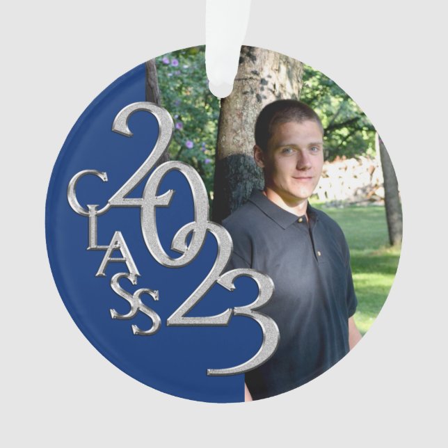 2023 Blue and Silver Graduation Photo Ornament (Front)