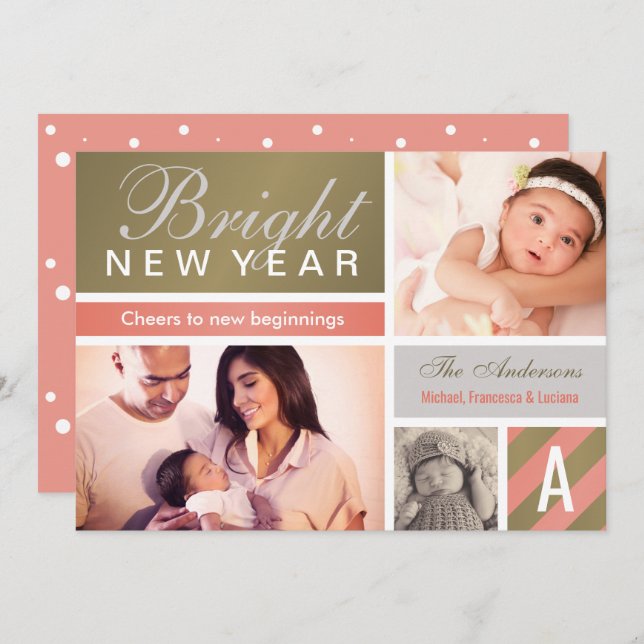 2023 Bright New Year Rose Gold Photo Collage Holiday Card (Front/Back)