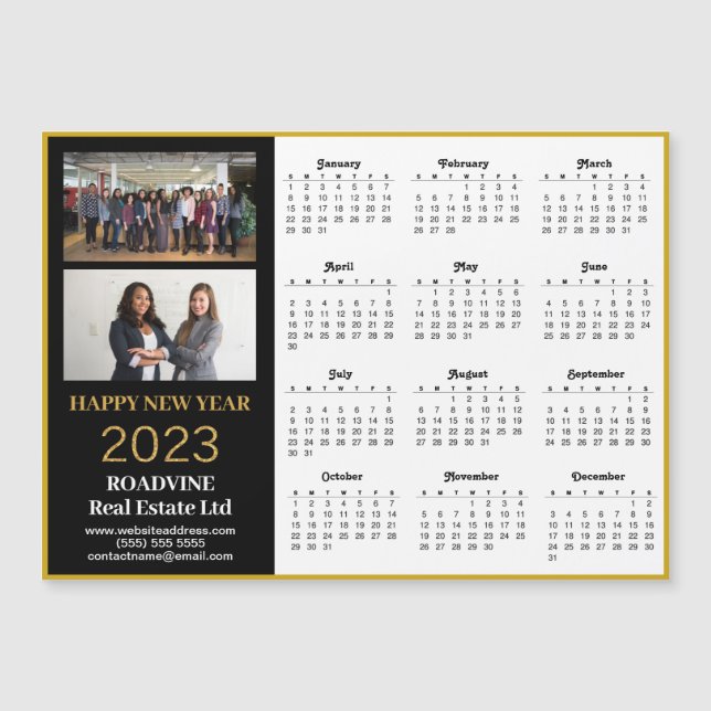 2023 Business 2 Photo Gold Script Calendar Magnet (Front)