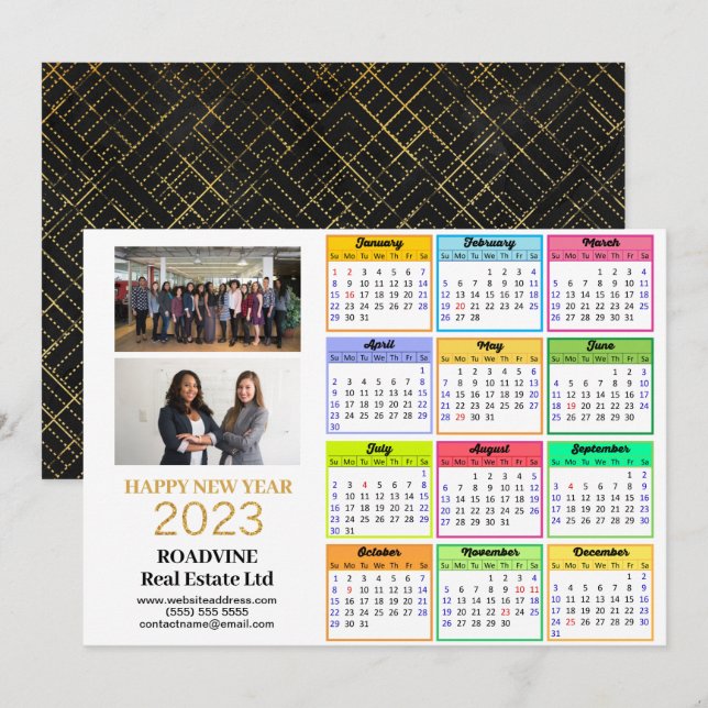 2023 Business 2 Photo Modern Gold Script Calendar Holiday Card (Front/Back)