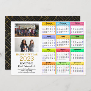 2023 Business 2 Photo Modern Gold Script Calendar Holiday Card