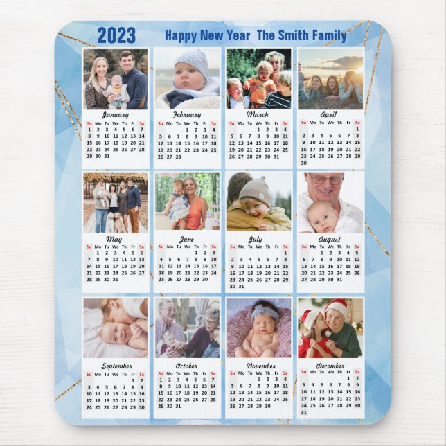 2023 Calendar 12 Family Photo Modern Blue Simple Mouse Mat (Front)