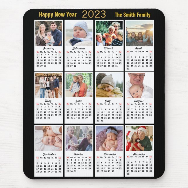 2023 Calendar 12 Family Photo Modern Gold Script Mouse Mat (Front)