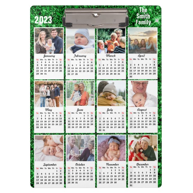 2023 Calendar 12 Family Photo Modern Green Glitter Clipboard (Front)