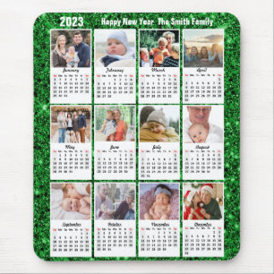 2023 Calendar 12 Family Photo Modern Green Glitter Mouse Mat
