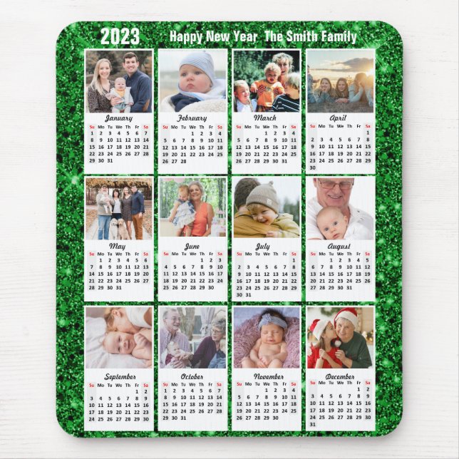 2023 Calendar 12 Family Photo Modern Green Glitter Mouse Mat (Front)