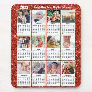 2023 Calendar 12 Family Photo Modern Red Glitter Mouse Mat