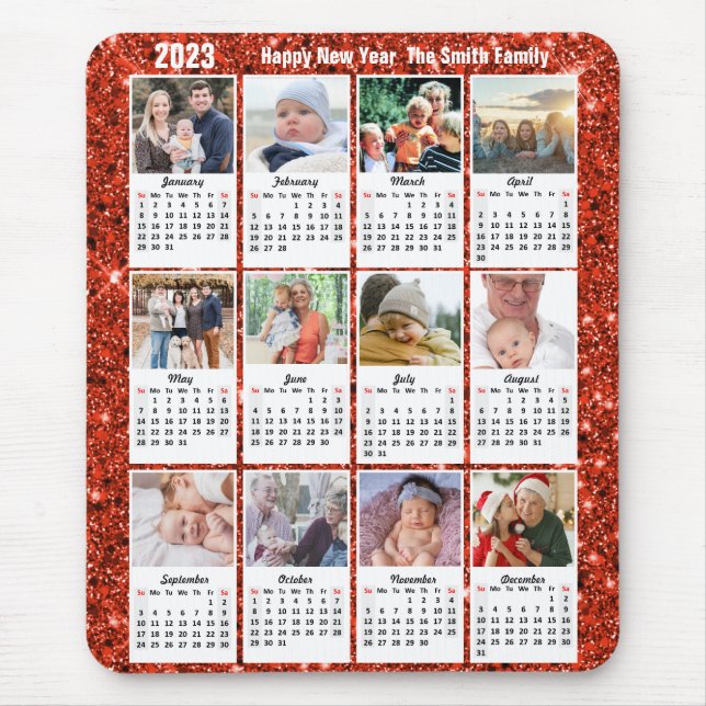 2023 Calendar 12 Family Photo Modern Red Glitter Mouse Mat (Front)