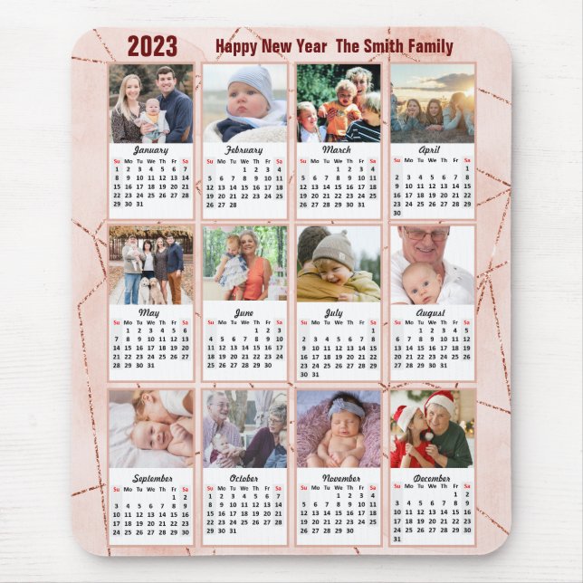 2023 Calendar 12 Family Photo Modern Rose Gold Mouse Mat (Front)