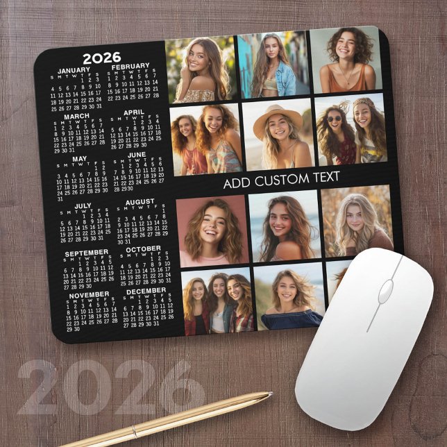 2023 Calendar - 12 photo collage - black Mouse Mat (2026 Calendar with a Photo Collage on a Mousepad)