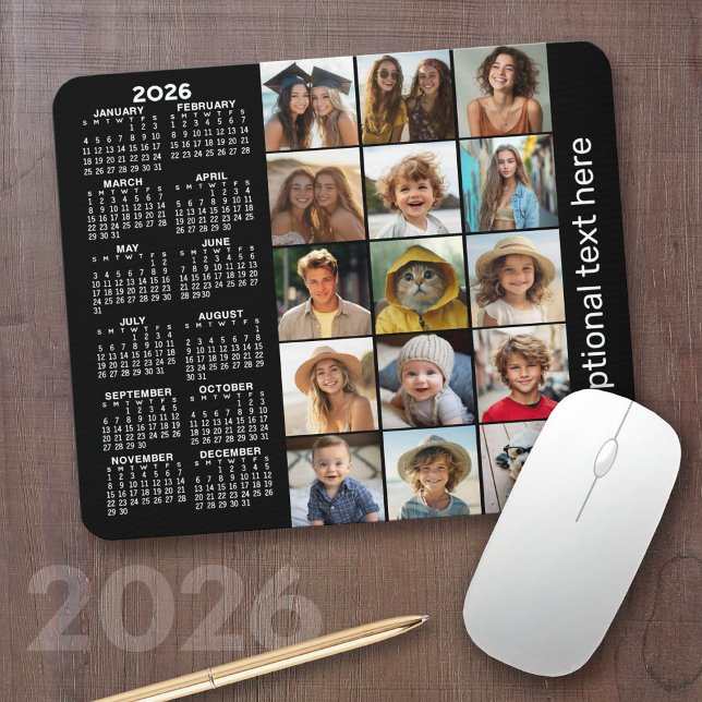 2023 Calendar - 15 photo collage black Mouse Mat (2026 Calendar with a Photo Collage on a Mousepad)