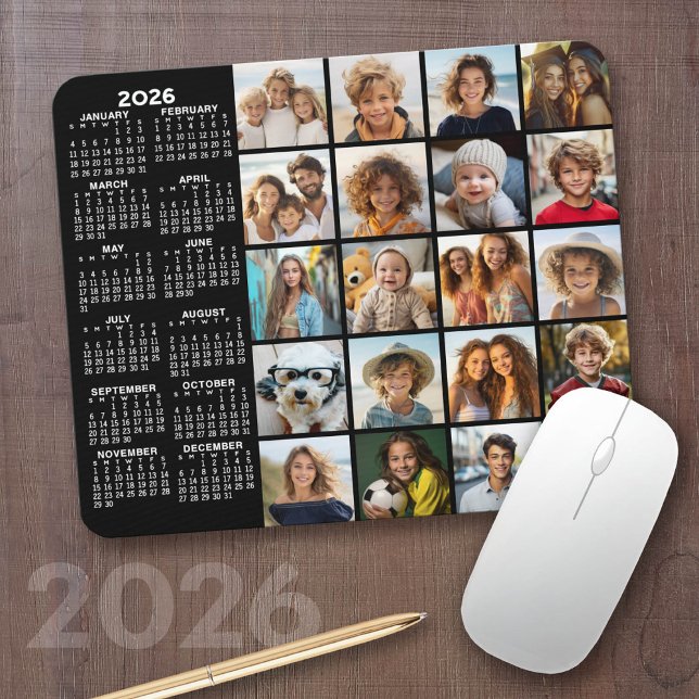 2023 Calendar - 20 photo collage black Mouse Mat (2026 Calendar with a Photo Collage on a Mousepad)