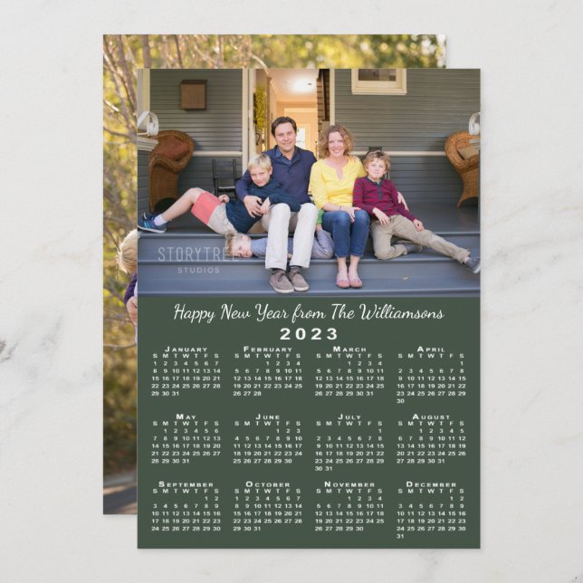2023 Calendar 2 Photos Dark Green Happy New Year Holiday Card (Front/Back)