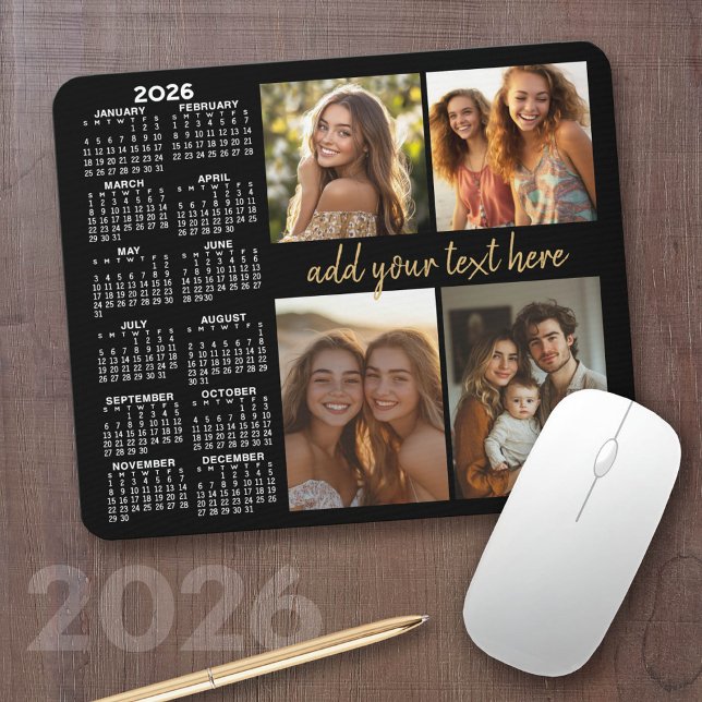 2023 Calendar - 4 photo collage modern script text Mouse Mat (2026 Calendar with a Photo Collage on a Mousepad)