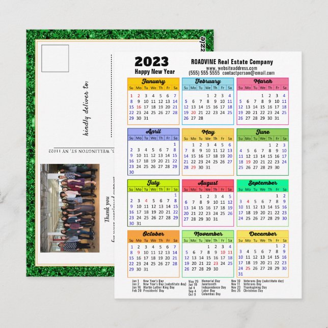 2023 Calendar Black Green Glitter Corporate Photo Postcard (Front/Back)