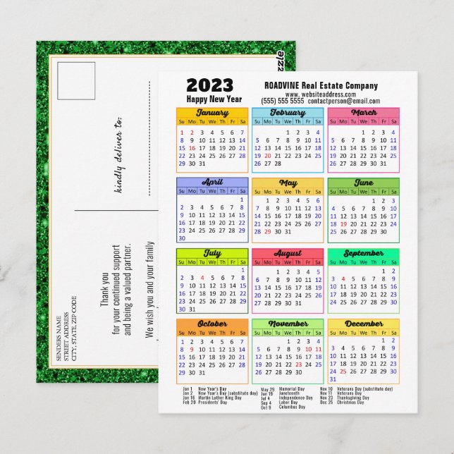 2023 Calendar Black Script Green Glitter Corporate Postcard (Front/Back)