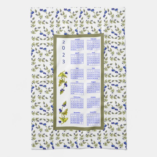 2023 Calendar Blueberries Stemmed Leaves, white Tea Towel (Vertical)