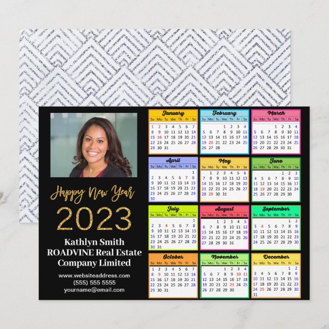 2023 Calendar Business Modern Gold Script Photo Holiday Card (Front/Back)