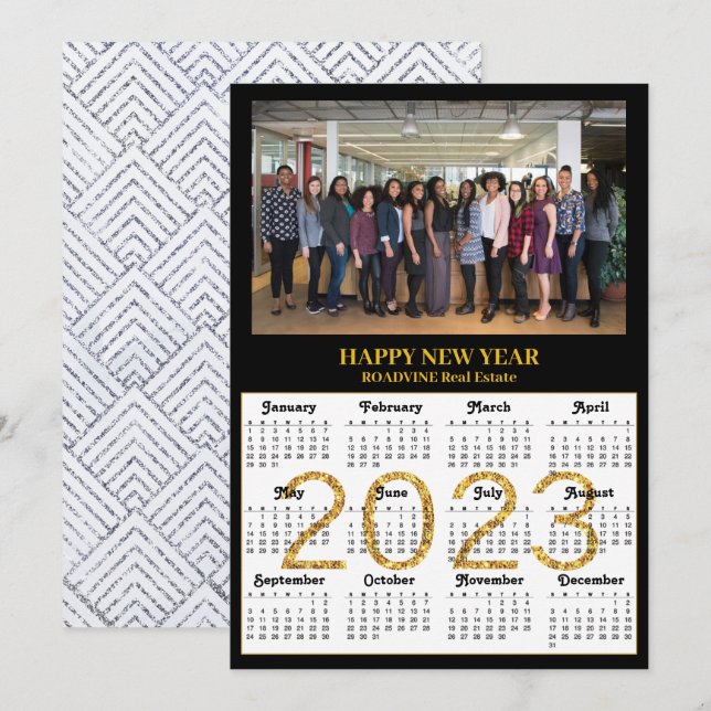 2023 Calendar Business Modern Gold Silver Photo Holiday Card (Front/Back)