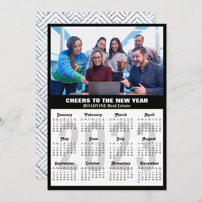 2023 Calendar Business Photo Modern Black Silver Holiday Card (Front/Back)