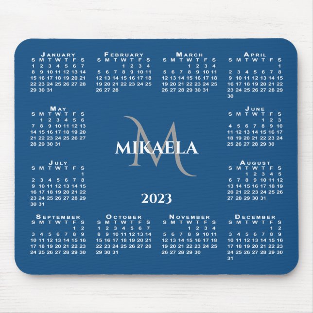 2023 Calendar Chic Monogram Name on Blue Mouse Mat (Front)
