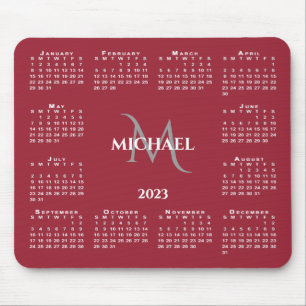 2023 Calendar Chic Monogram Name on Red Mouse Mat