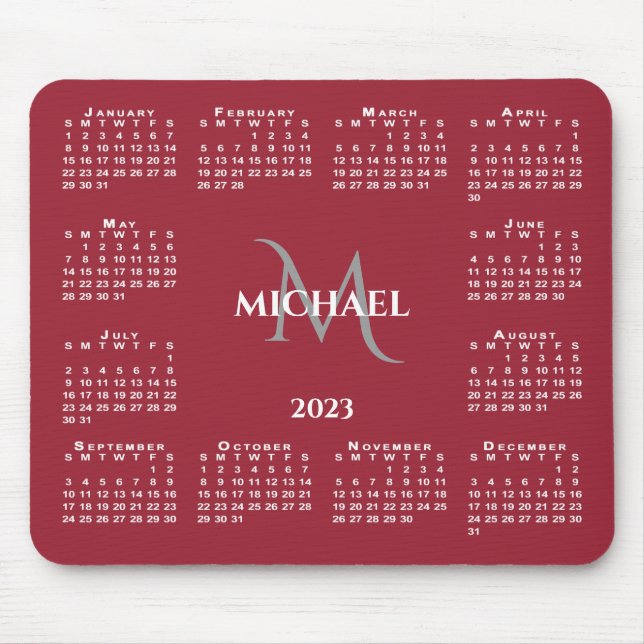 2023 Calendar Chic Monogram Name on Red Mouse Mat (Front)