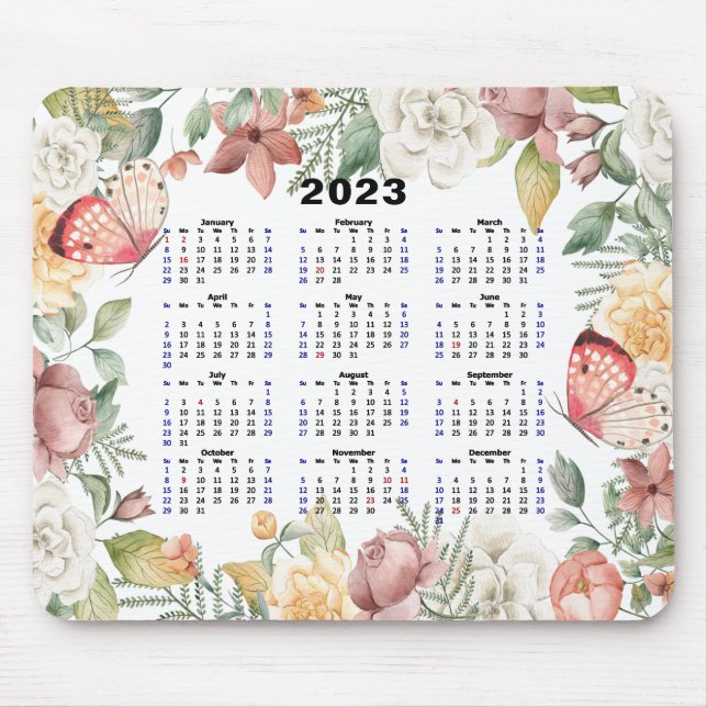 2023 Calendar Custom Floral Rose Pink Butterfly  Mouse Mat (Front)