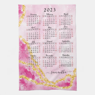 2023 Calendar Custom Name Girly Pink Elegant Tea Towel