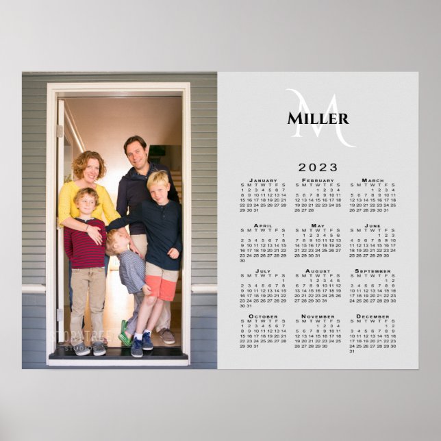 2023 Calendar Custom Photo Monogram Name on Gray Poster (Front)