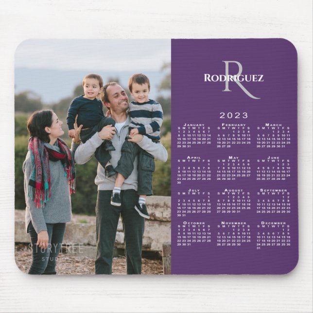 2023 Calendar Custom Photo Monogram Name on Purple Mouse Mat (Front)