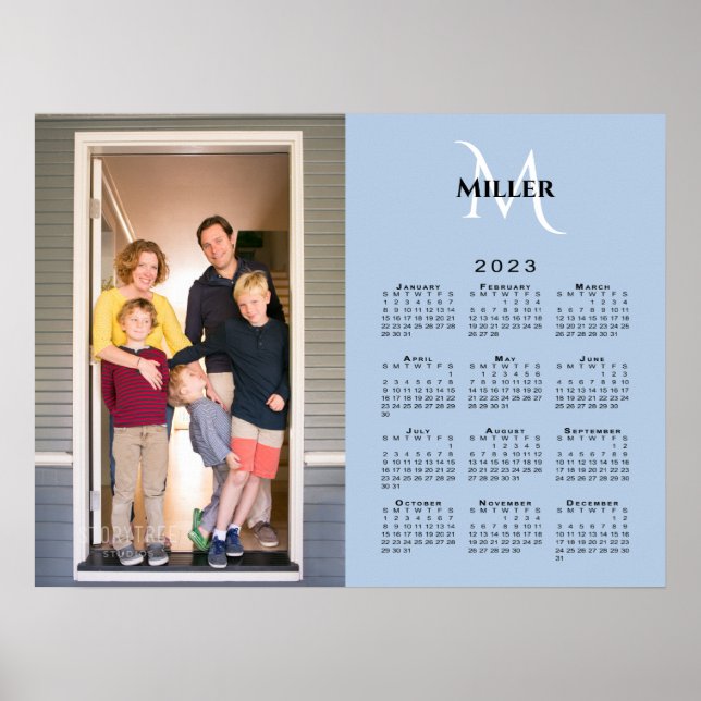 2023 Calendar Custom Photo Monogram on Light Blue Poster (Front)