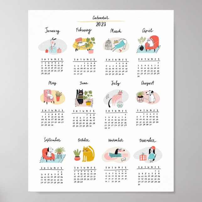 2023 Calendar Cute Cartoon Cats and Dogs Poster (Front)