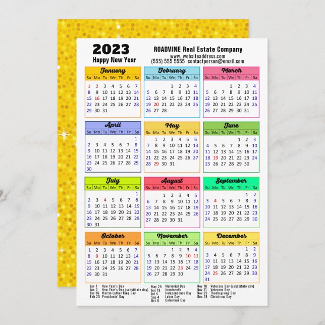 2023 Calendar Gold Glitter Modern Script Corporate Holiday Card (Front/Back)
