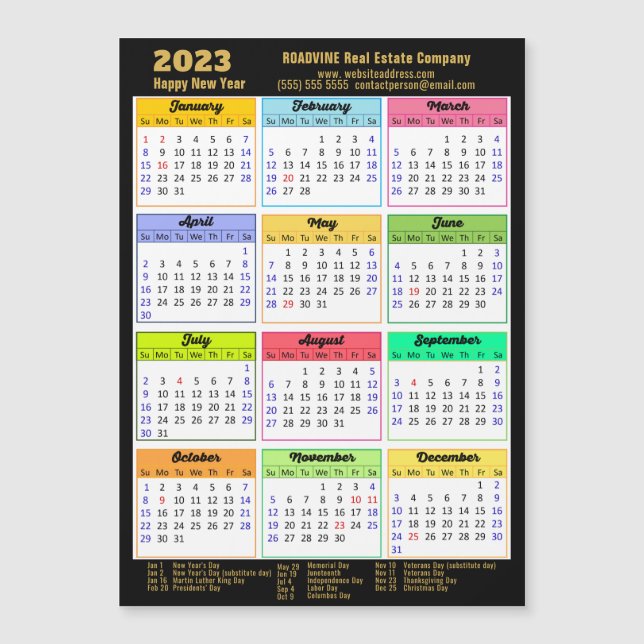 2023 Calendar Gold Script Modern Magnetic Card (Front)